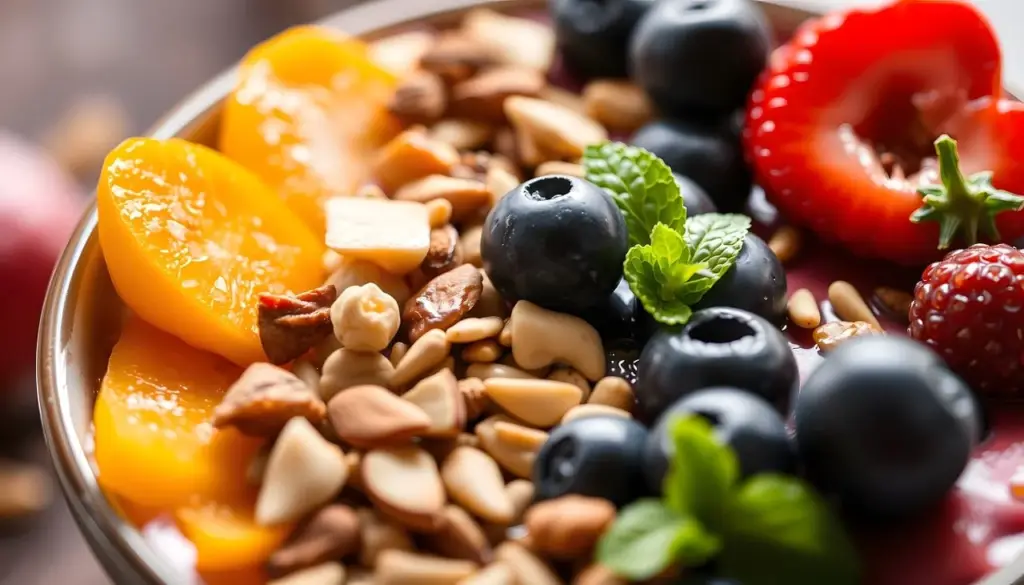 healthy breakfast bowl with oatmeal and nuts for productive morning